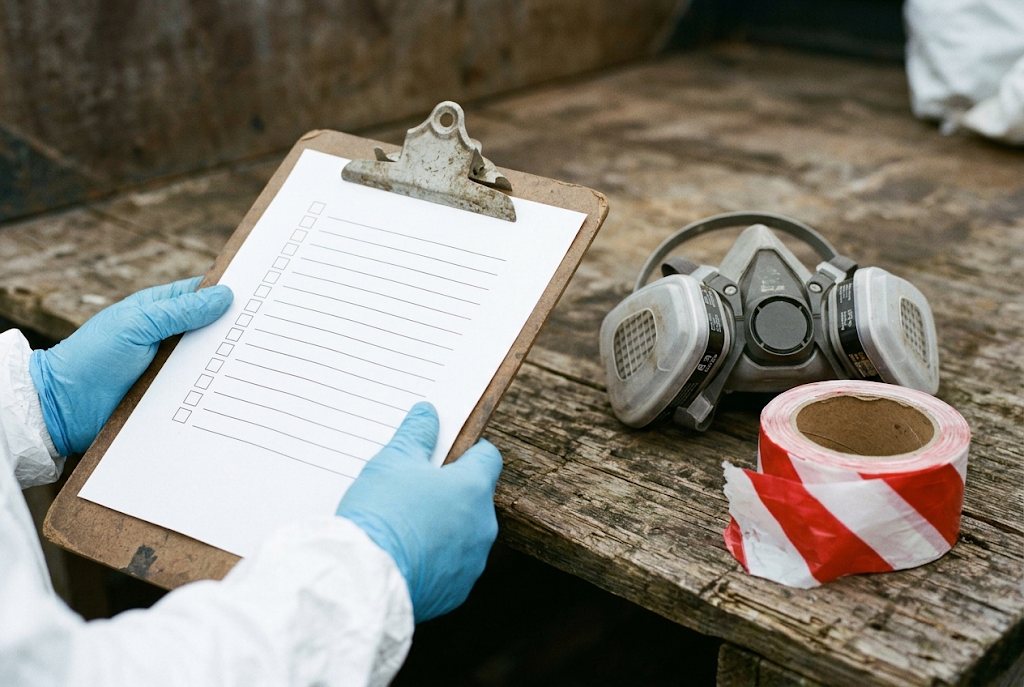 Gloved hand holding a checklist next to a respirator and barrier tape
