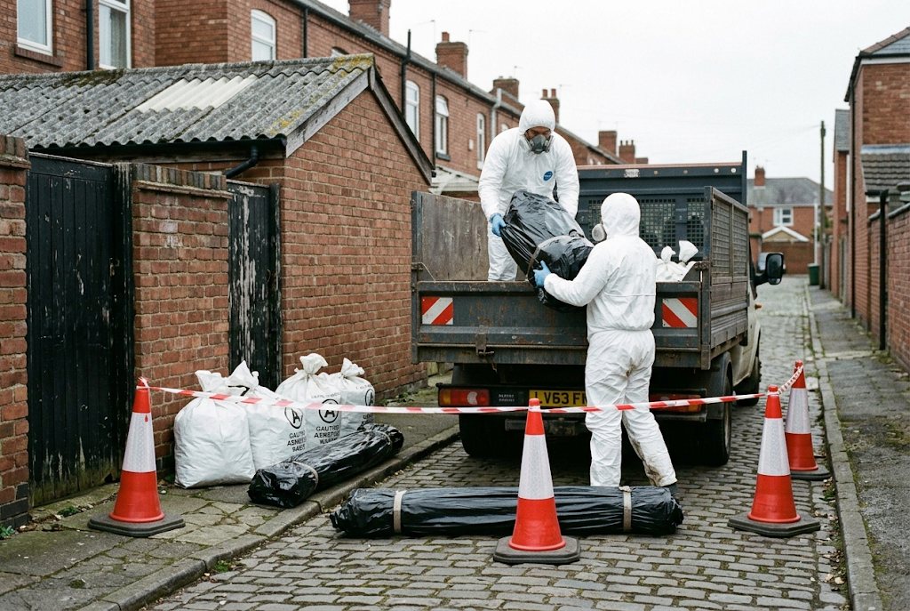Two operatives loading wrapped asbestos waste onto a lorry in a cobbled Oldbury back alley