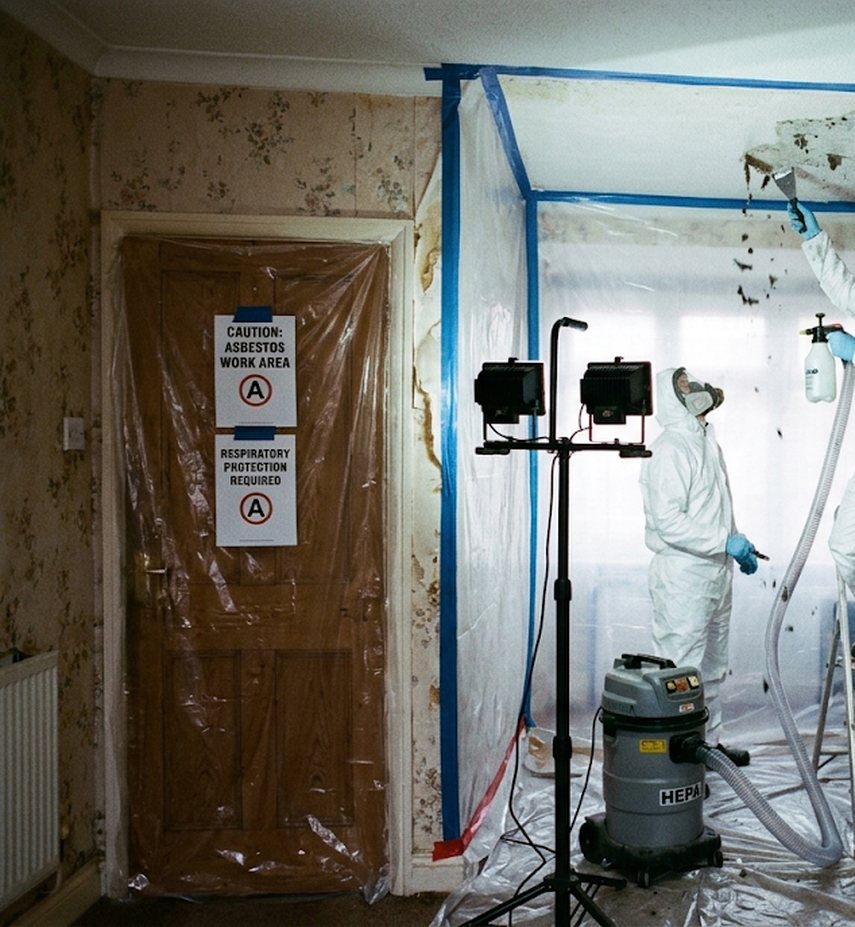 Sealed enclosure with warning signs for ceiling coating removal
