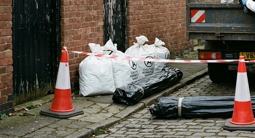 Wrapped asbestos waste and barrier tape on a cobbled back alley